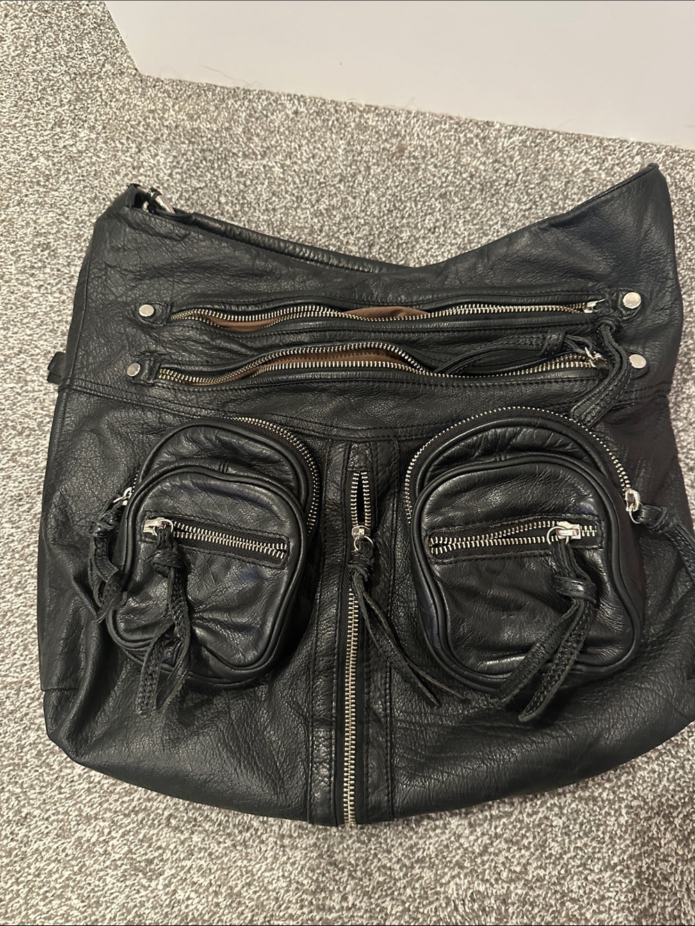 Tano Black Leather Multi-Pocket Shoulder Bag